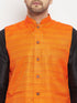Vastramay Men's Orange Matka Silk Nehru Jacket With Black Silk Blend Kurta and Pant style Pyjama Set
